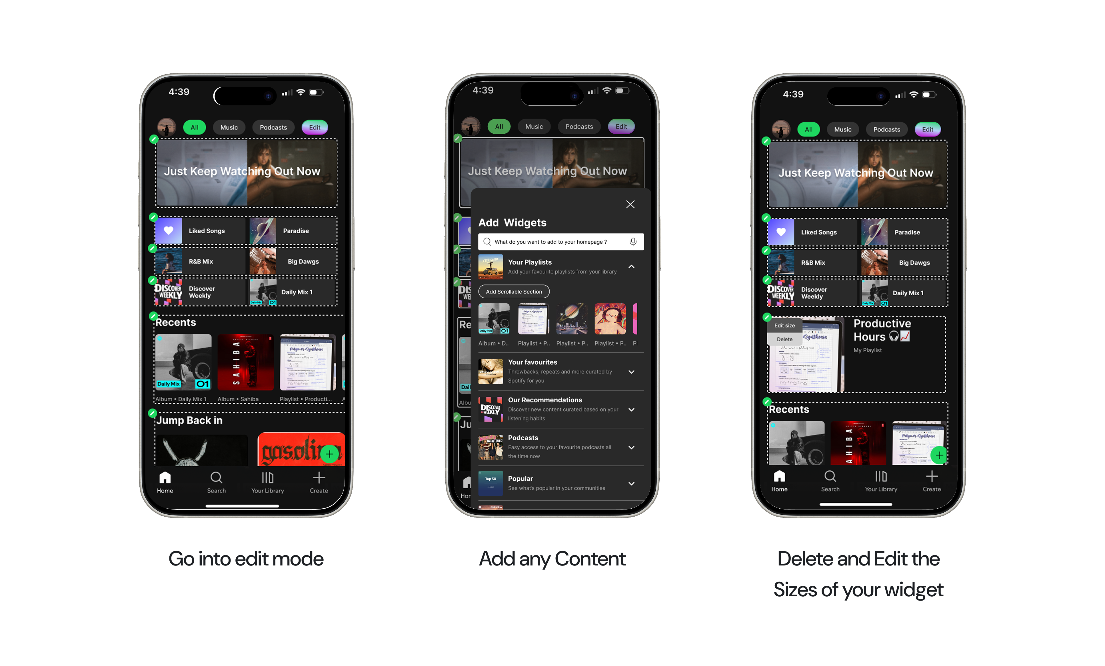 Final design — customizable home screen widgets and edit mode